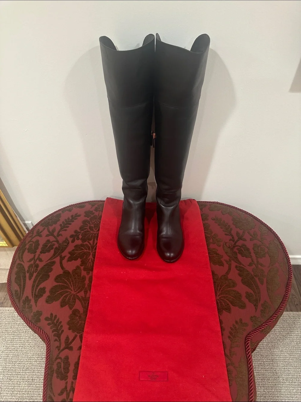 Valentino Black Leather Over-the-Knee Boots with Rear Bow Details